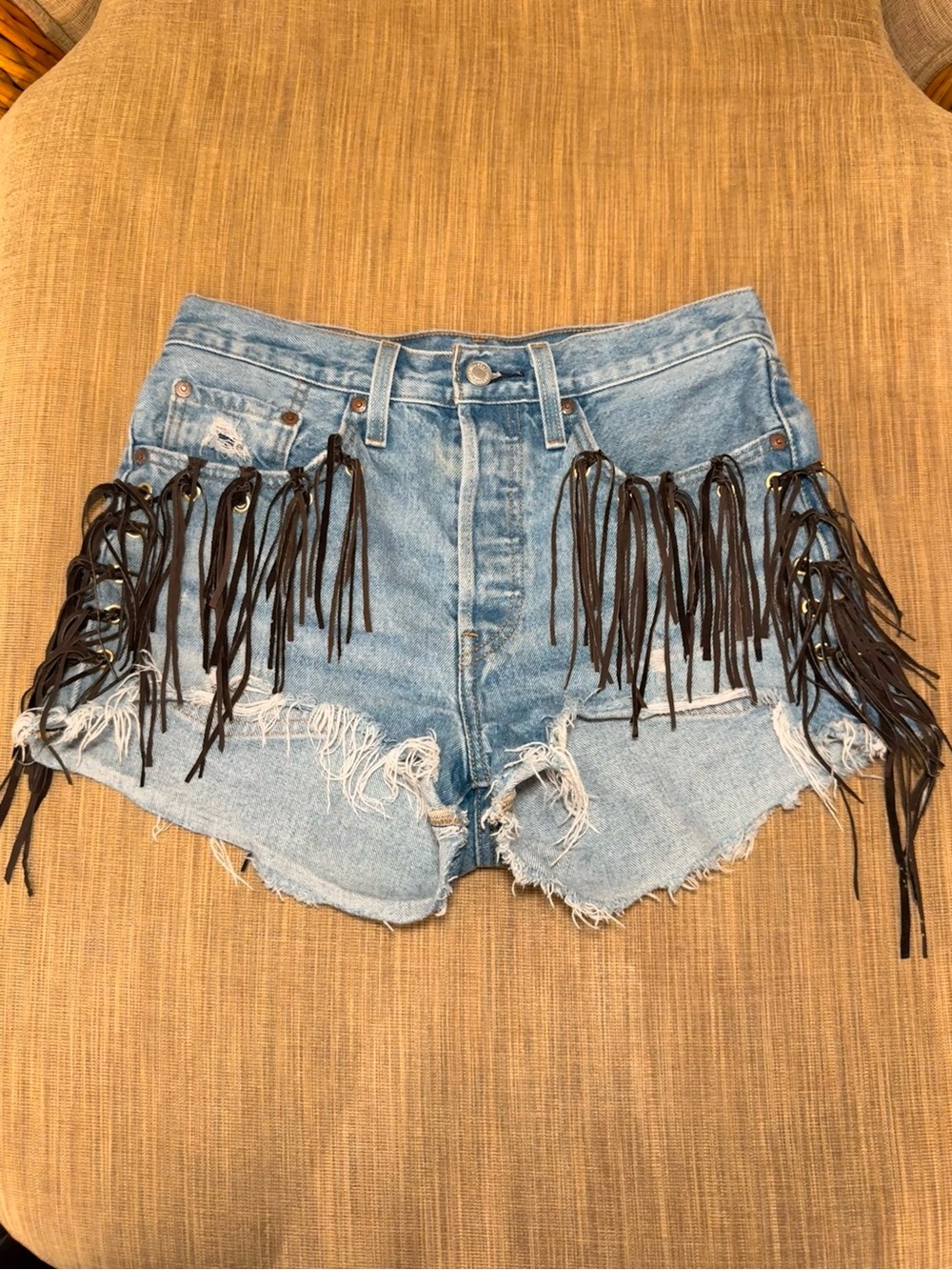 Levi’s 501 Denim Shorts with Suede Fringe